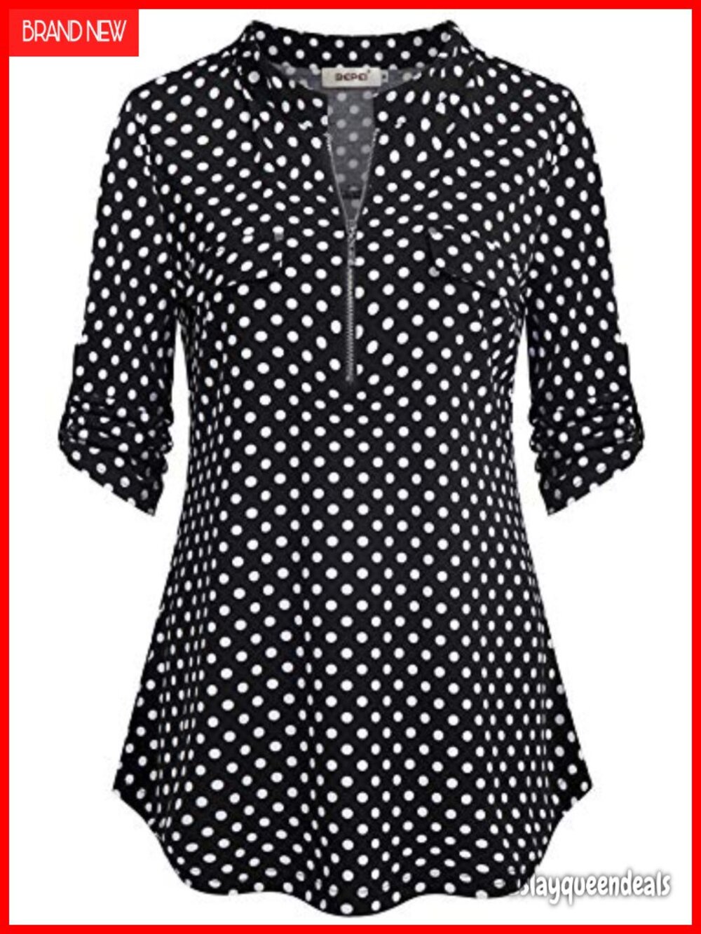 Women's Floral Zip Up V Neck 3/4 Sleeve Tunic Blouse Work Office Top